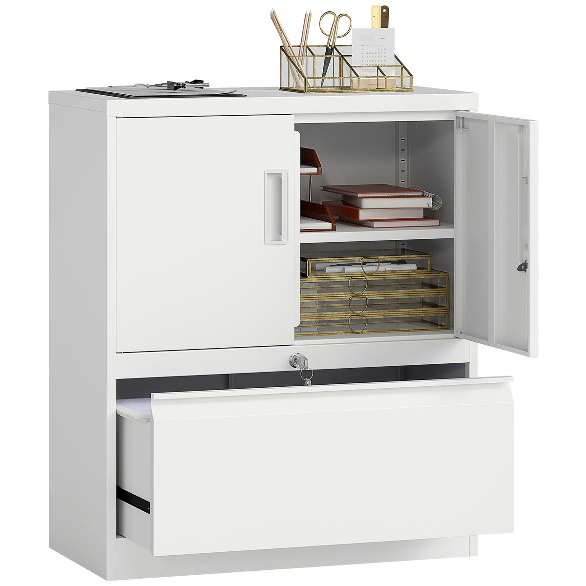 Aktenschrank B¨¹roschrank Abschlie?bar Mehrzweckschrank aus Stahl mit 2 T¨¹ren, Verstellbaren Regalen Wei?