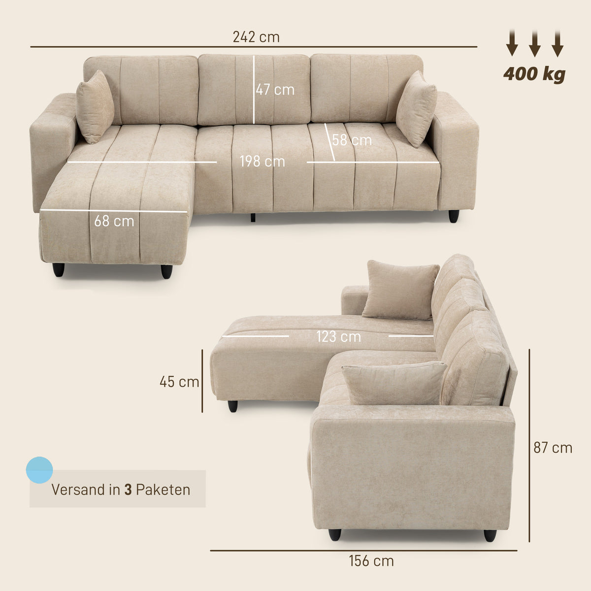Ecksofa, Chaiselongue Umkehrbar, Kissen, 242 x 156 x 87 cm, Beige