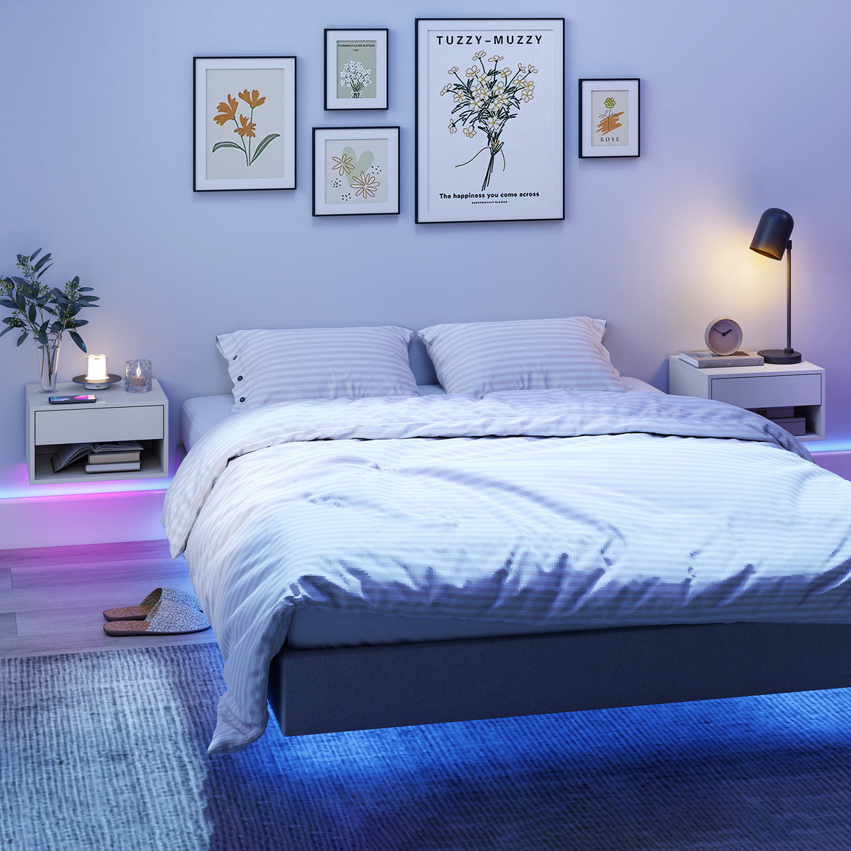 Nachttisch 2er-Set mit RGB-LED-Beleuchtung, schwebender Nachtschrank mit Schublade und offenem Fach, Weiß