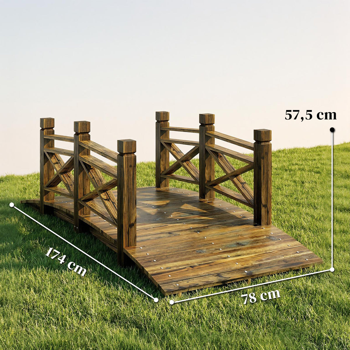 Holzbrücke mit Geländer Gartenbrücke aus Tannenholz Teichbrücke mit Antik-Optik, begehbar 174 x 78 x 57,5 cm Verkohlt
