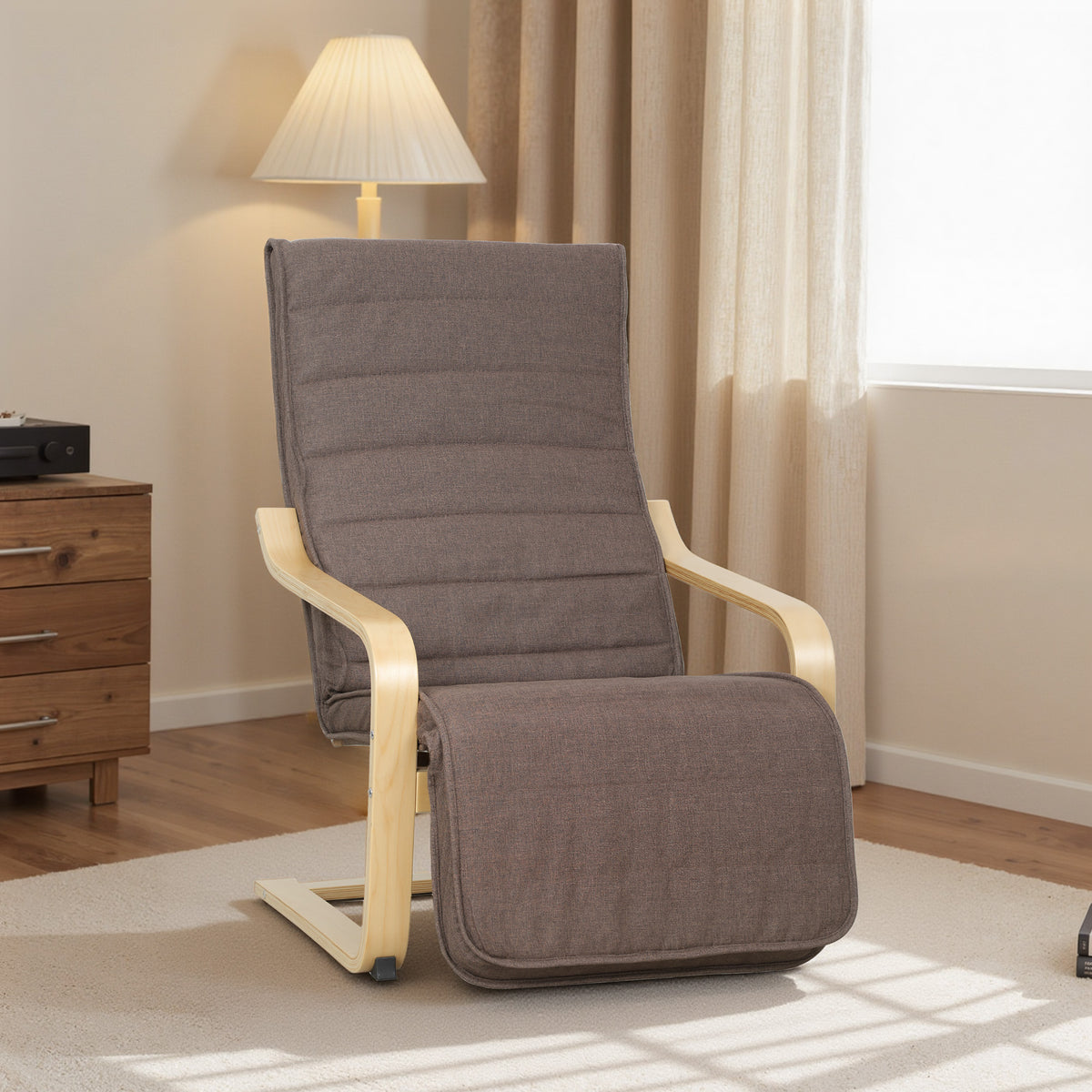 Akzentsessel, Relaxsessel mit verstellbarem Fußteil, Birkenholzrahmen, bis 120 kg, 66,5 x 94 x 100 cm, Braun