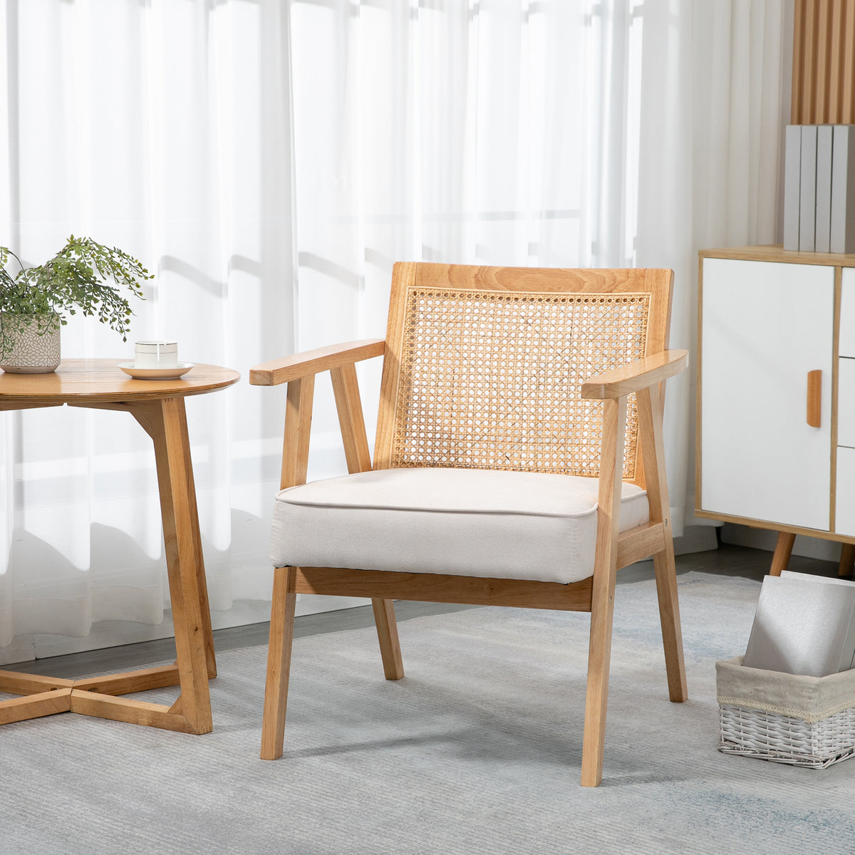 Exotischer Polsterstuhl, Kautschukholz, Sitzkissen in Leinenoptik, 63L x 69B x 78H cm, Cremeweiß