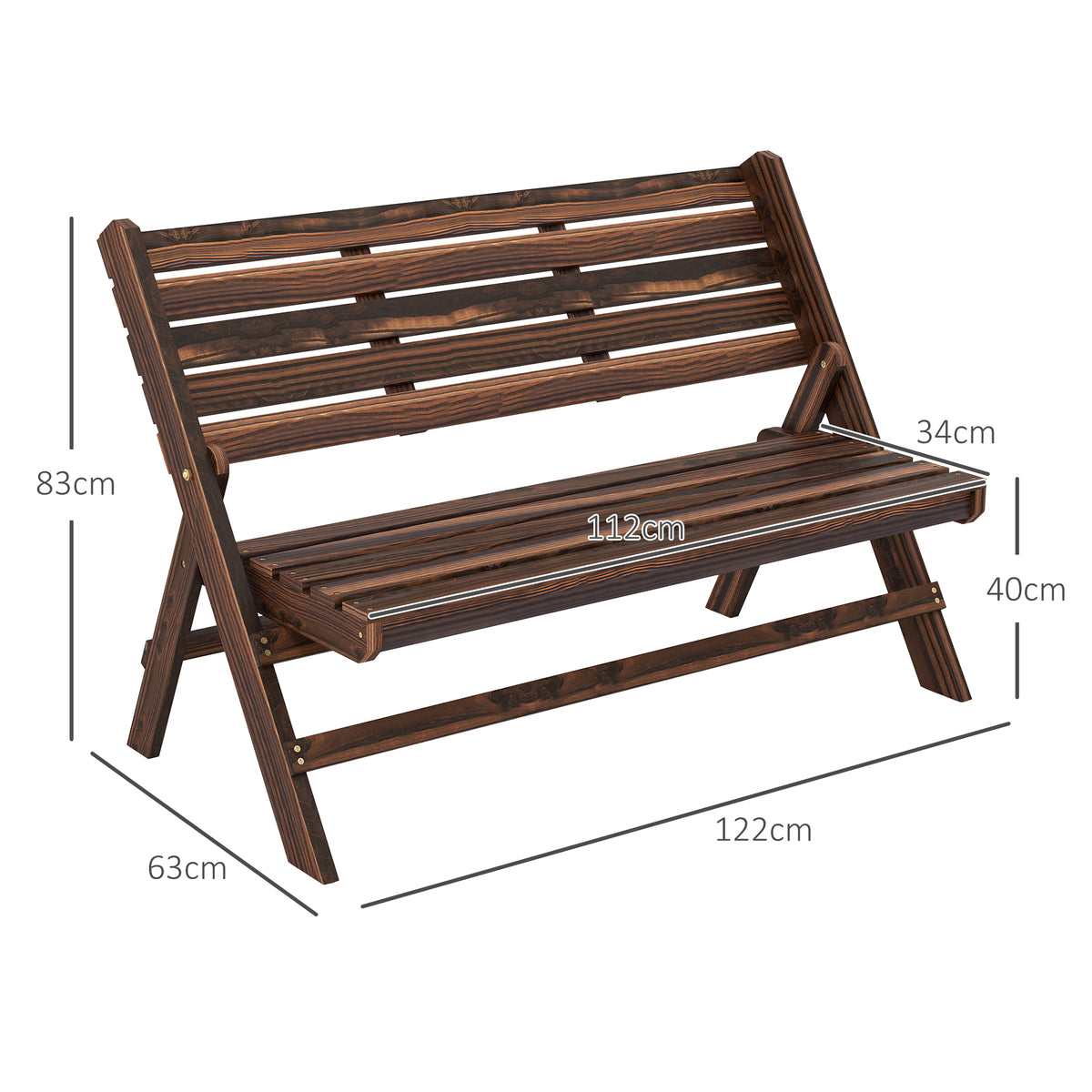 Gartenbank für 2 Personen, rustikales Design, klappbar, Naturholz, 122 x 63 x 83 cm, karbonisierte Oberfläche