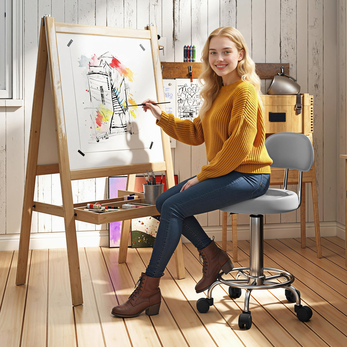 Rollhocker, Drehbarer und verstellbarer Hocker mit Rückenlehne, Kunstlederbezug, Fußstütze, für Frisiertische, Grau