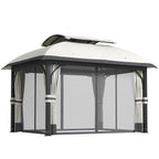 Gartenpavillon, 3,3 x 4 m Gartenzelt mit Netz-Vorhängen, zweistufiges Dach, Kunstleder-Bezug, Metallrahmen, Hellgrau
