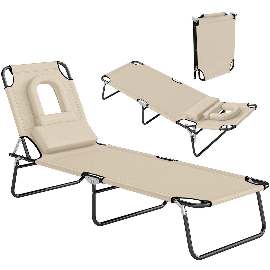 Sonnenliege mit Gesichtsloch & Kissen, klappbar, wasserabweisender Bezug, Metallrahmen, Beige