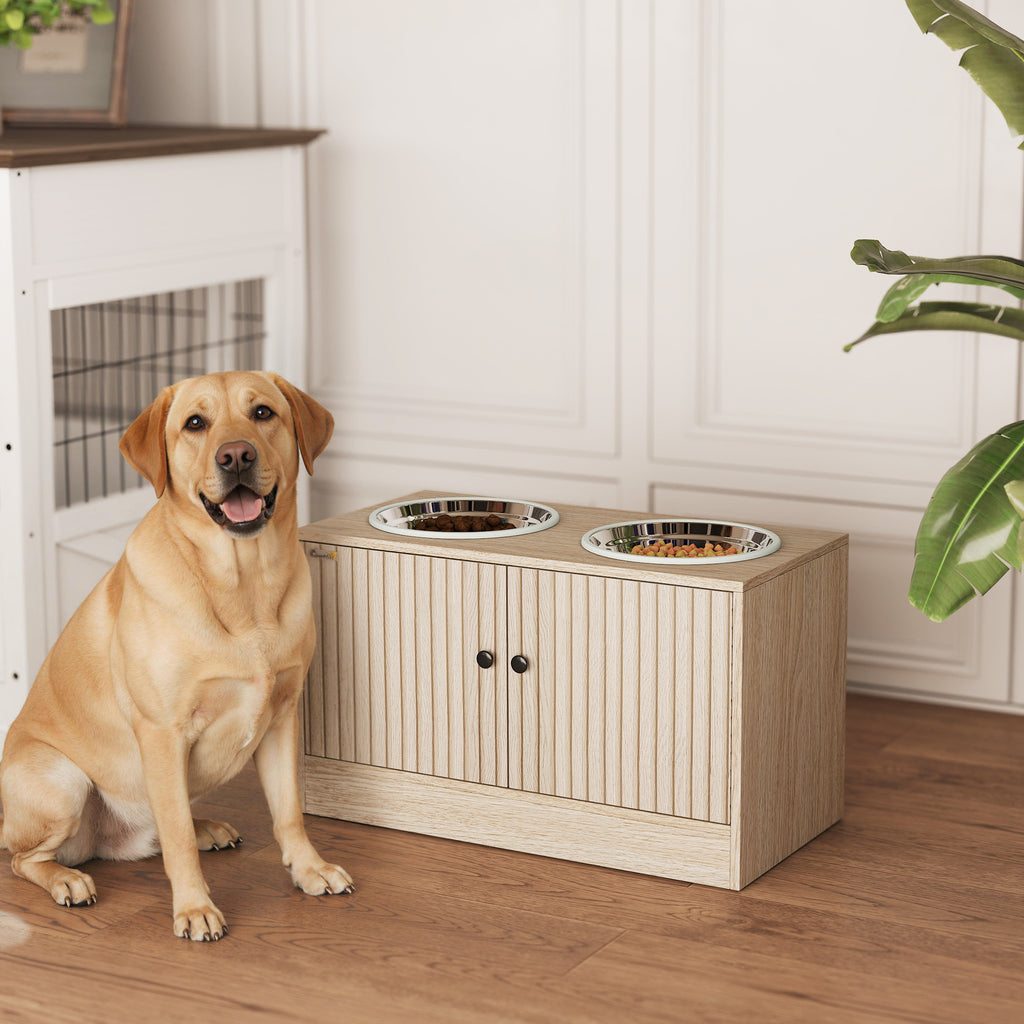 Hundefutterstation mit 2 Edelstahl-Näpfen, Schrank für Utensilien, für große Hunde, Zubehör, Holz