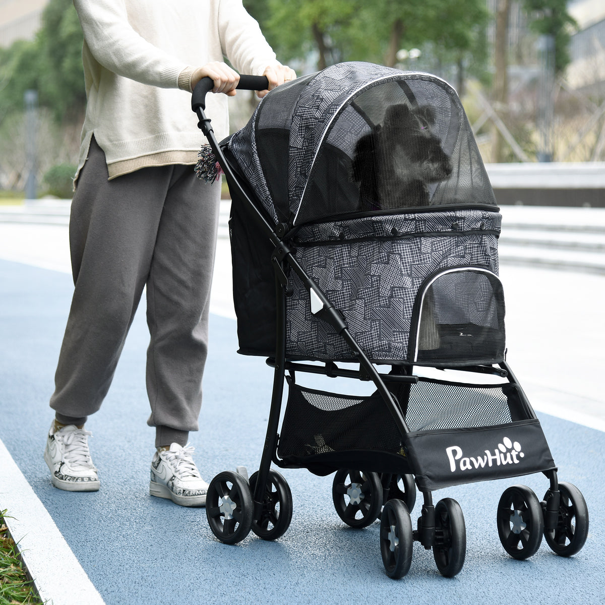 Foldable Pet Stroller for Dogs, Puppy Stroller, with Large Carriage, Brakes, Canopy - Grey
