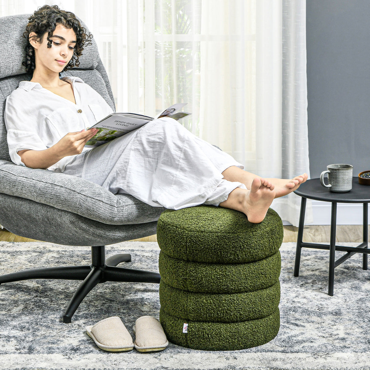Hocker, rund, Teddyfleece, bis 120kg, ¦µ40x45H cm, Gr¨¹n