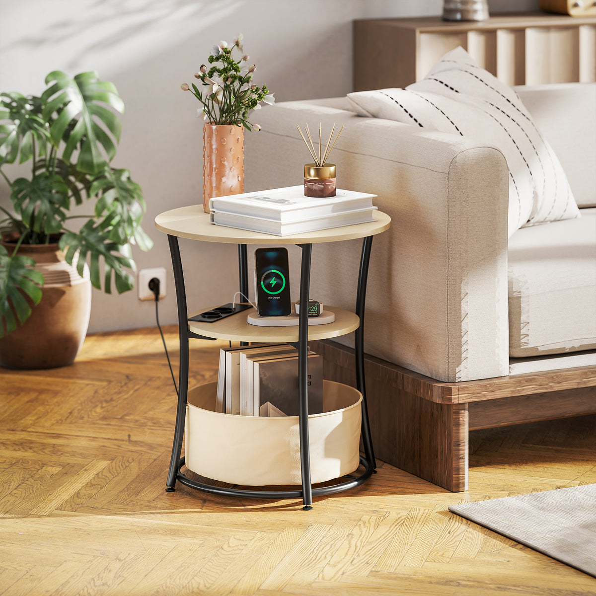 Beistelltisch 3-stufiger Couchtisch mit Ladestation, Stoff-Aufbewahrungstasche, Ablage, 50x50x55,1 cm Naturholz