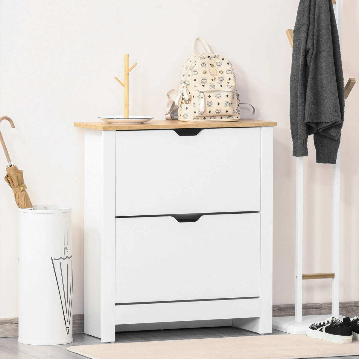 Schuhschrank Schruhregal Schuhaufbewahrung, 2 F?cher, 12 Paar Schuhe, 72 cm x 26 cm x 80 cm, Wei? + Braun