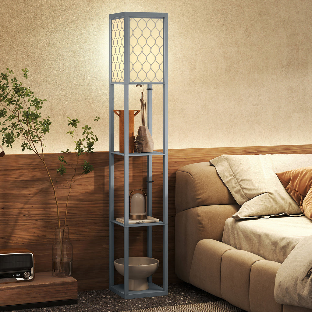 Stehlampe mit Regal, 3 Fächer, kompakte Maße, MDF, Hellgrau