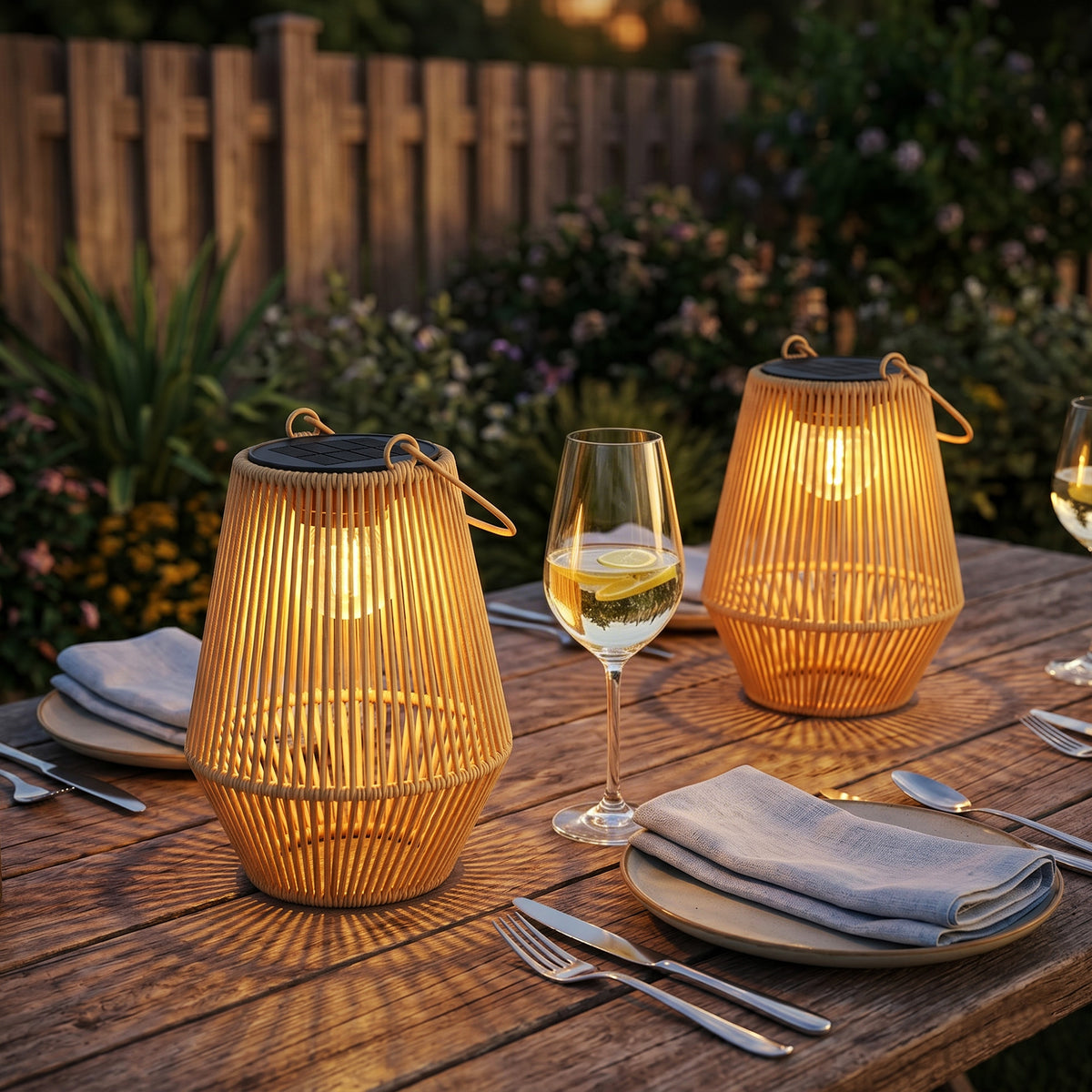 Hanging Solar Lanterns, 2 Pack Rattan Solar Lights with Handle for Patio, Pathway, Terrace, Auto On/Off, Brown