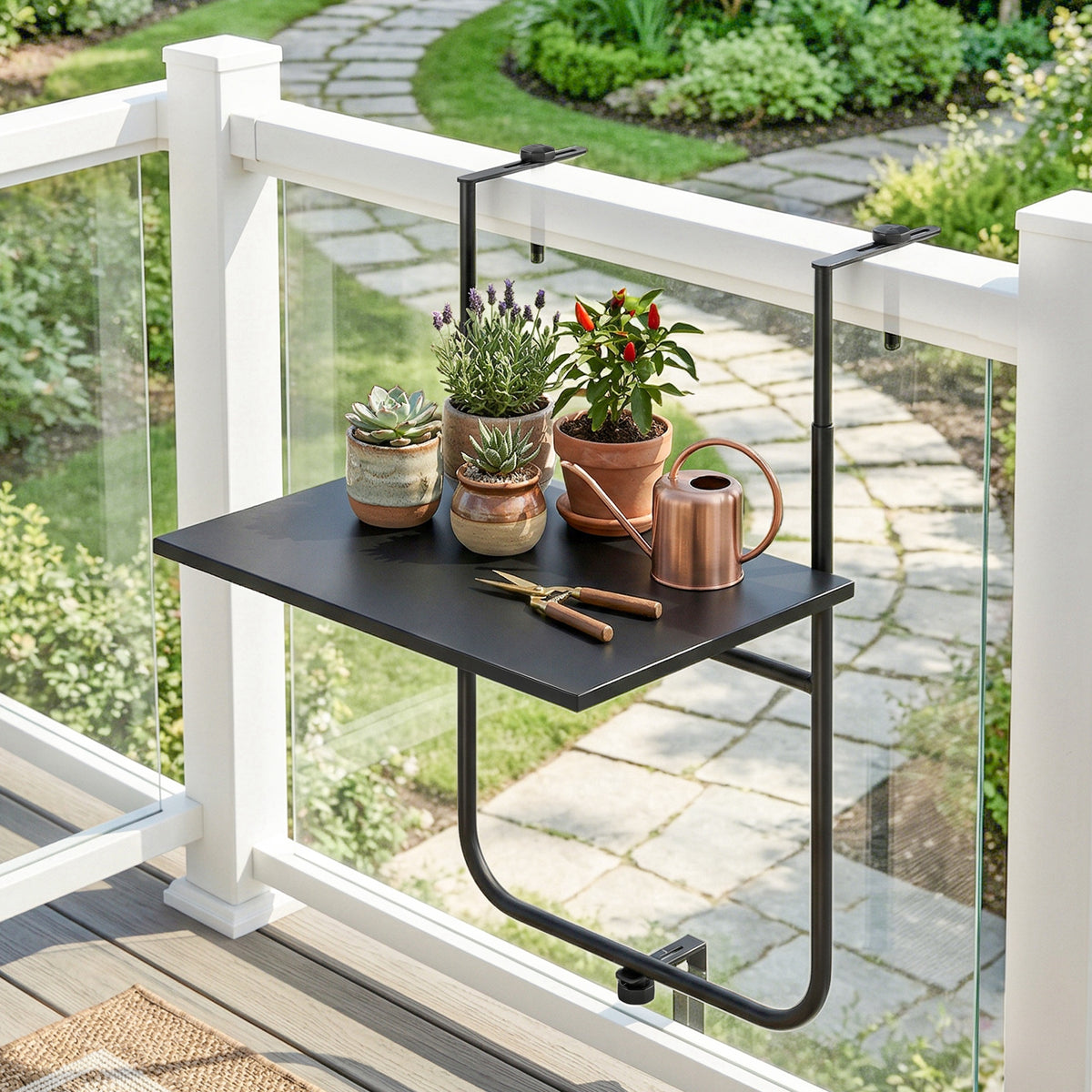 Balkontisch, f¨¹r Gel?nder 6-15cm Dicke, verstellbar, rostfreies Metall, 62x60x85,5cm, Schwarz