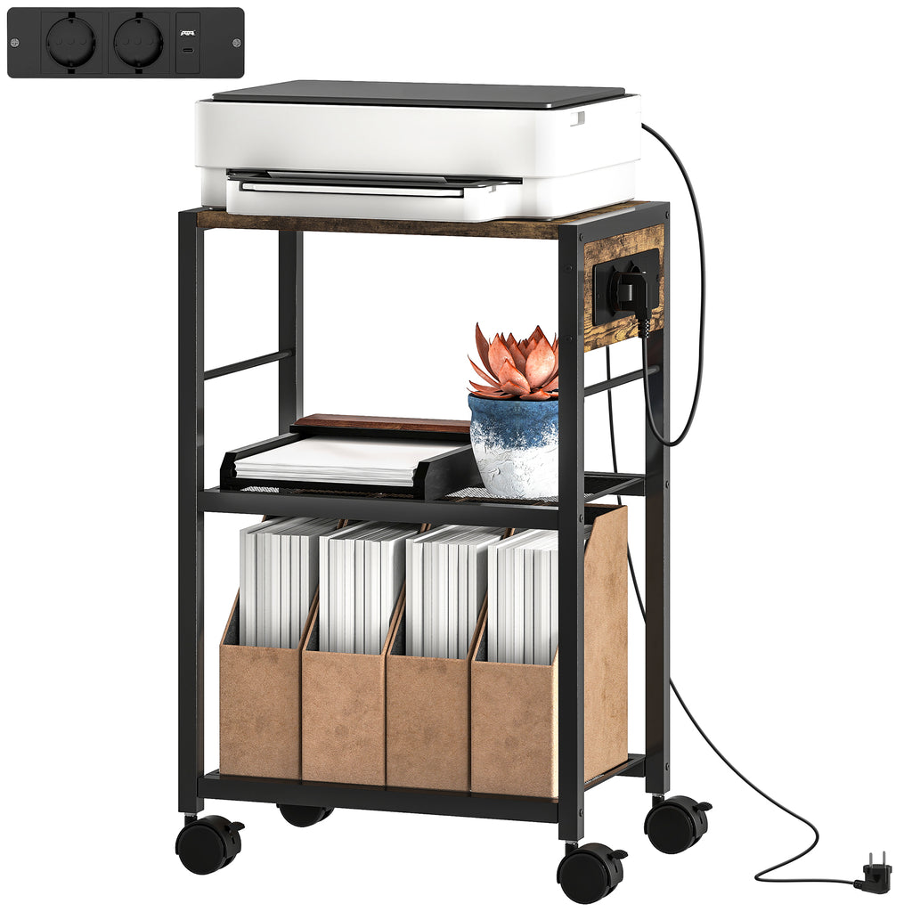 Druckerst?nder Druckeregal mit Rollen, Steckdosen, USB- und USB-C-Anschl¨¹sse bis 40 kg Rustikalbraun