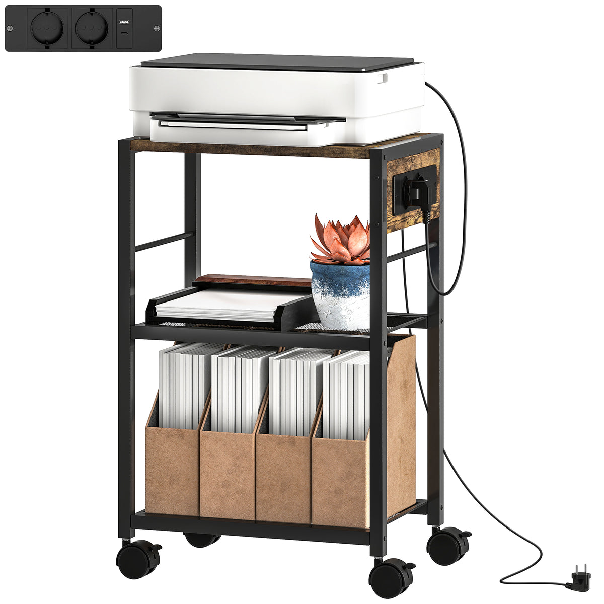Druckerst?nder Druckeregal mit Rollen, Steckdosen, USB- und USB-C-Anschl¨¹sse bis 40 kg Rustikalbraun