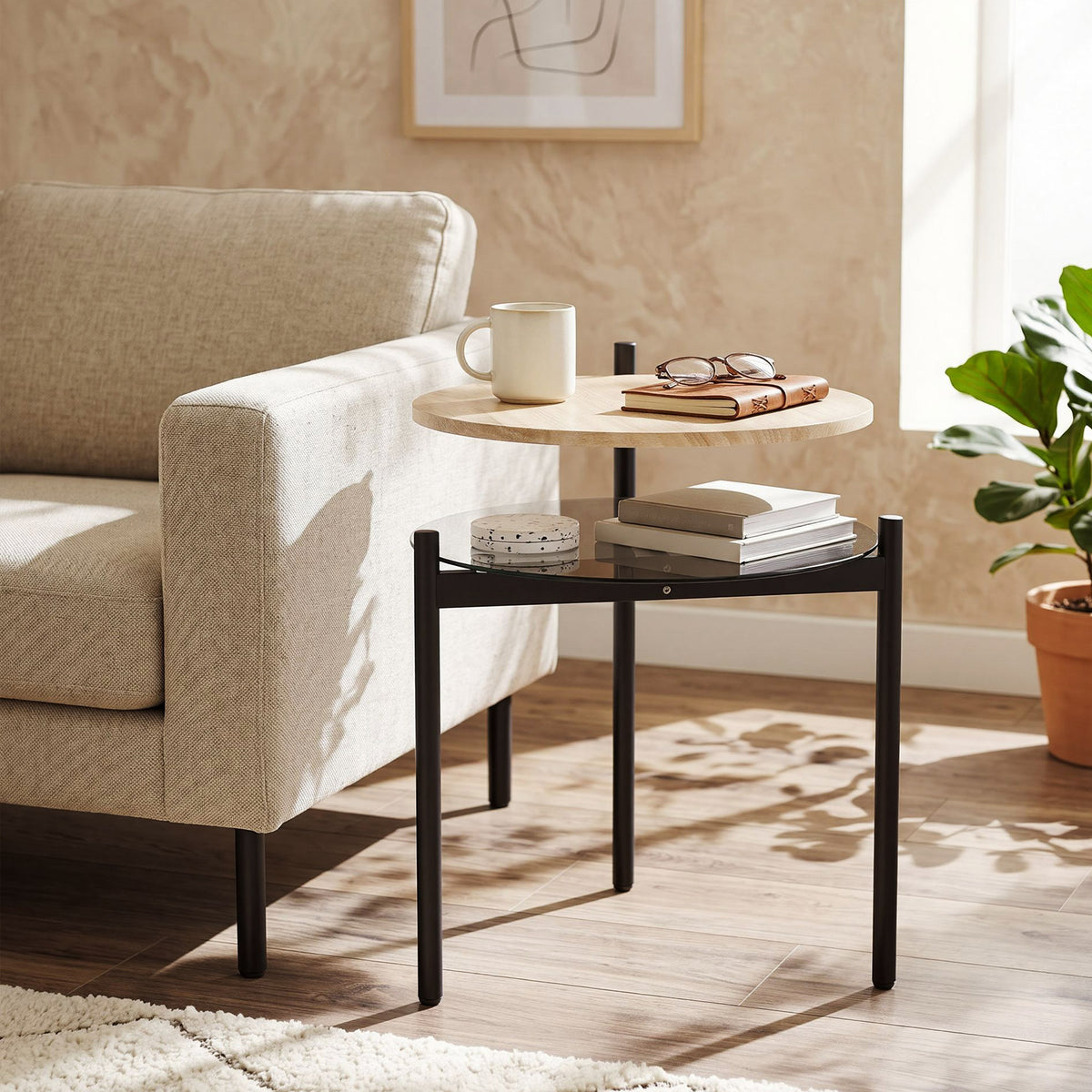 Runder Beistelltisch mit offener Glasablage für kleine Räume, Wohnzimmer, Schlafzimmer, 41,8 x 39,8 x 53,5 cm, Eiche