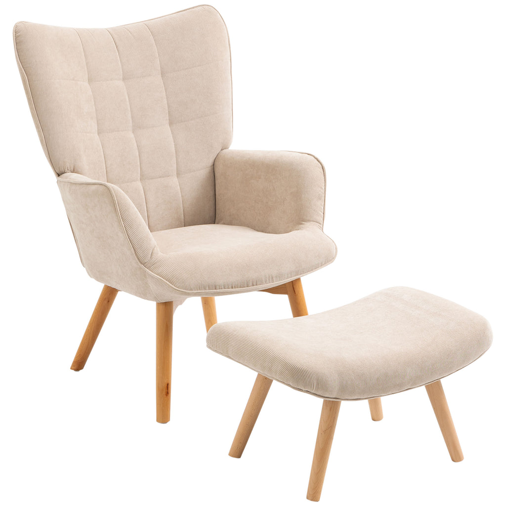 Akzentsessel mit Hocker, Relaxsessel in Cord-Optik, Armlehnstuhl mit Holzbeinen, für Wohnzimmer, Beige