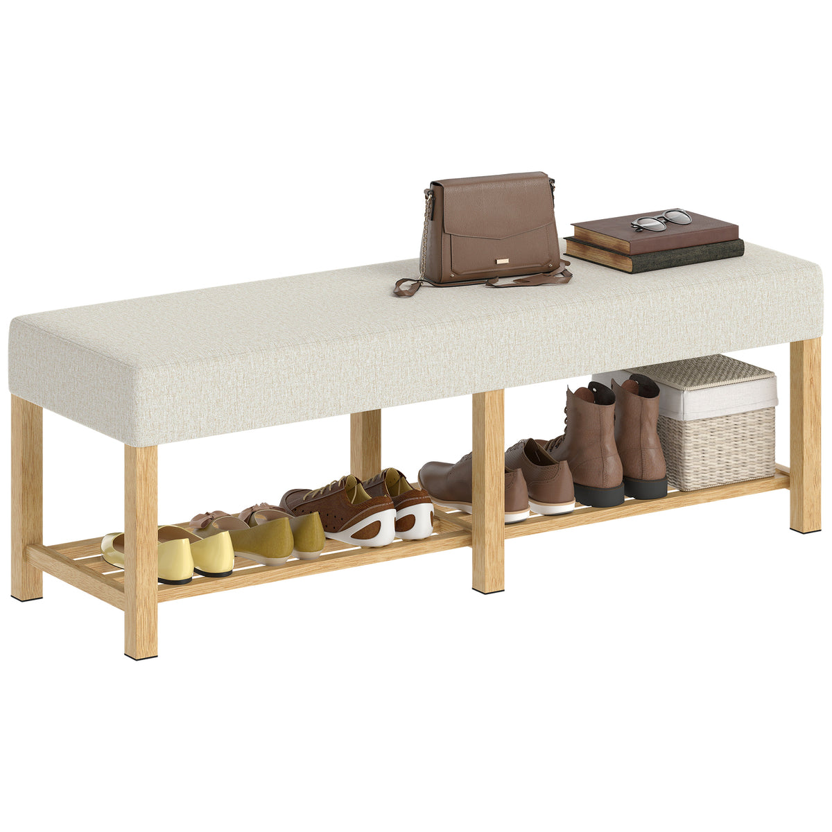 140 cm Schuhbank aus Massivholz, moderne Flurbank mit gepolsterter Sitzfläche für zwei Personen, Naturholz und Cremeweiß