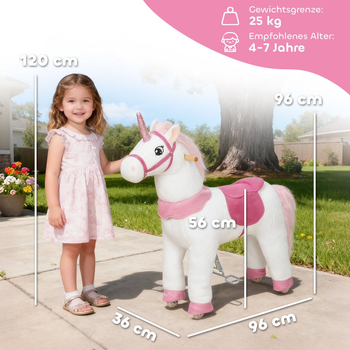 Reitpferd f¨¹r Kinder, Einhorn-Design, Stoffbezug, stabiler Rahmen, sanfte R?der, Schaukelpferd, 3-5 Jahre, Wei?