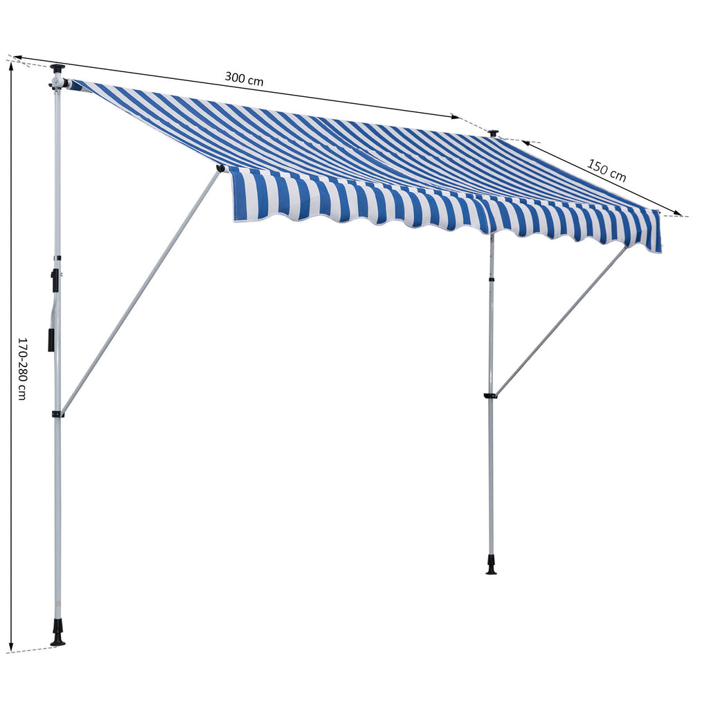 Klemmmarkise mit Handkurbel höhenverstellbar Gelenkarmmarkise schmutzabweisend, witterungsbeständig Balkonmarkise 150cm breit Terrassenmarkise für Terrasse Balkon Veranda Blau+Weiß