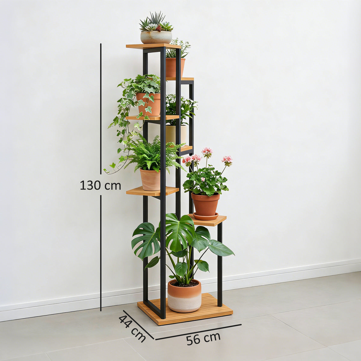 7-Etagen Pflanzenständer, 130 cm hoch Blumenständer, Gestuftes Pflanzenregal aus Holz, mehrstöckig Hellbraun