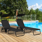 Set of Two Folding Sun Loungers, with Adjustable Backs and Sun Canopies - Black