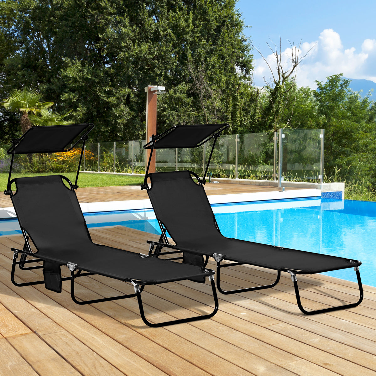 Set of Two Folding Sun Loungers, with Adjustable Backs and Sun Canopies - Black