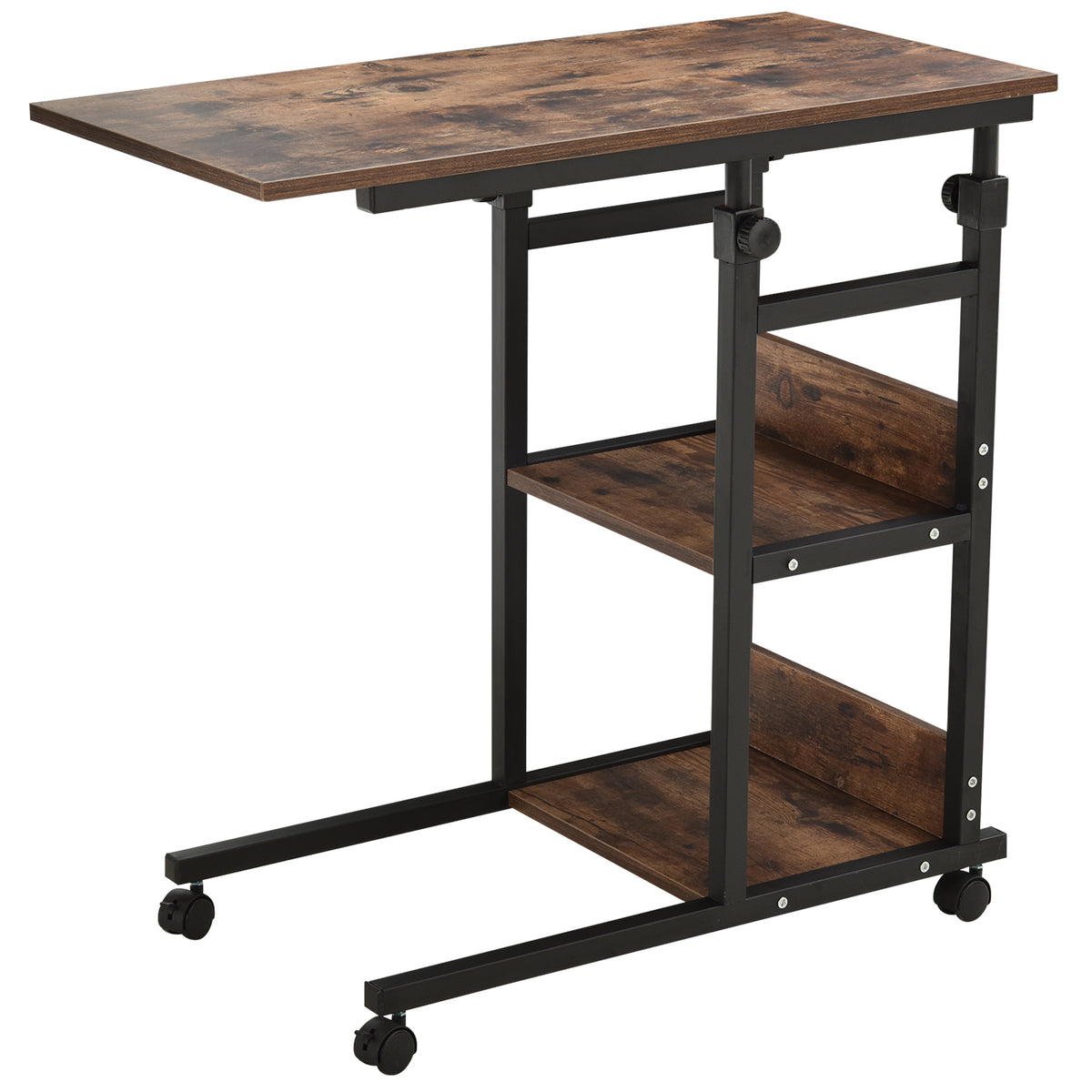 Beistelltisch mit Rollen, h?henverstellbar, kompakt, 2 Ablageb?den, Metallrahmen, 80x40x72-82 cm, Braun/Schwarz