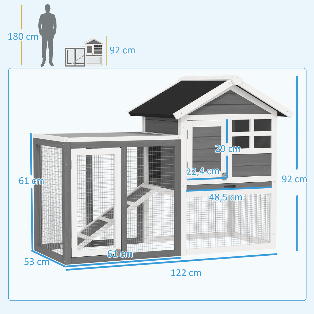 Rabbit Hutch Outdoor Wooden Guinea Pig Hutch Rabbit Run Bunny Cage Small Animal House Pull-Out Tray, Grey, 124 x 63 x 93 cm