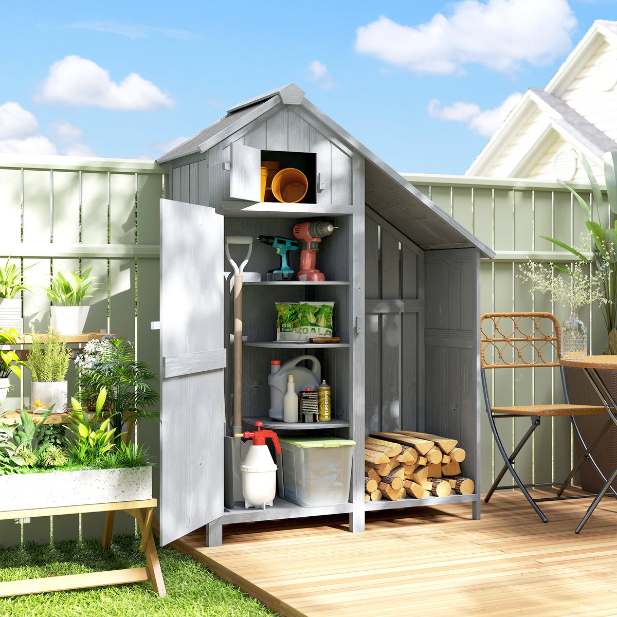 Garden Outdoor Storage Shed 3 Shelves Tilt Roof w/ Firewood Rack Log Carrier, 129L x 51.5W x 180H cm