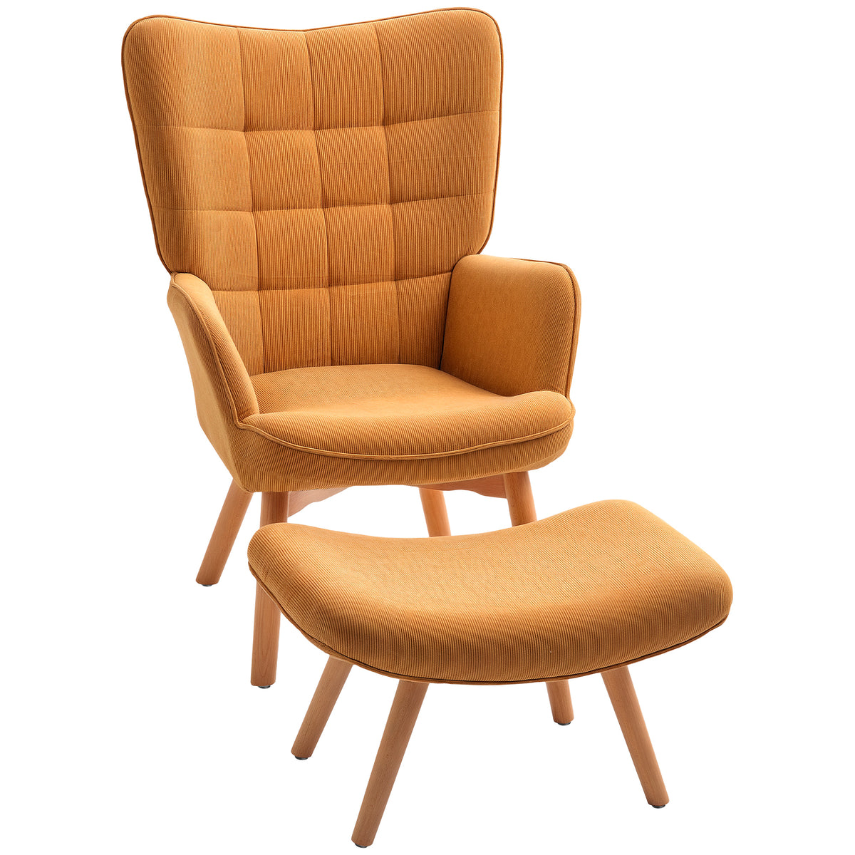 Akzentsessel mit Hocker, Relaxsessel in Cord-Optik, Armlehnstuhl mit Holzbeinen, für Wohnzimmer, Braun