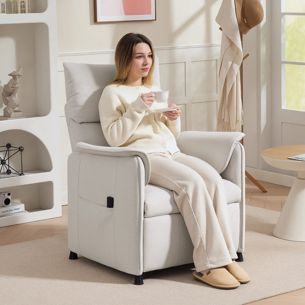 Relaxsessel mit leisem Motor, Polstersessel mit robusten Stoffbezug, Memory-Funktion, anpassbare Fußstütze, Cremeweiß