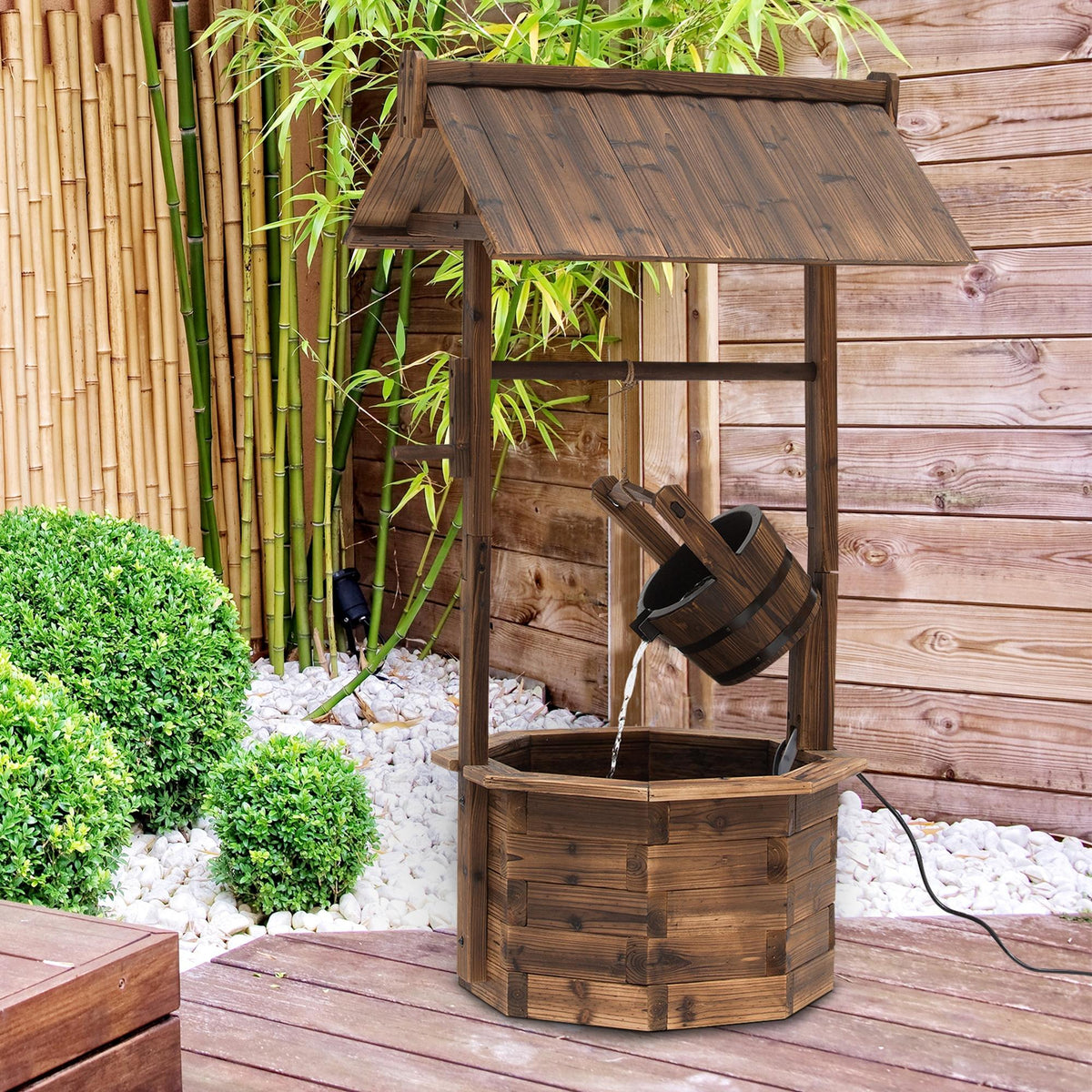 Springbrunnen aus Holz Outdoor Gartenbrunnen mit plätscherndem Wasser Dekorationsbecken Ornamenten Pumpe Wasserspiel Terrassenbrunnen für Garten Terrasse Rasen 68 x 57 x 118 cm Braun