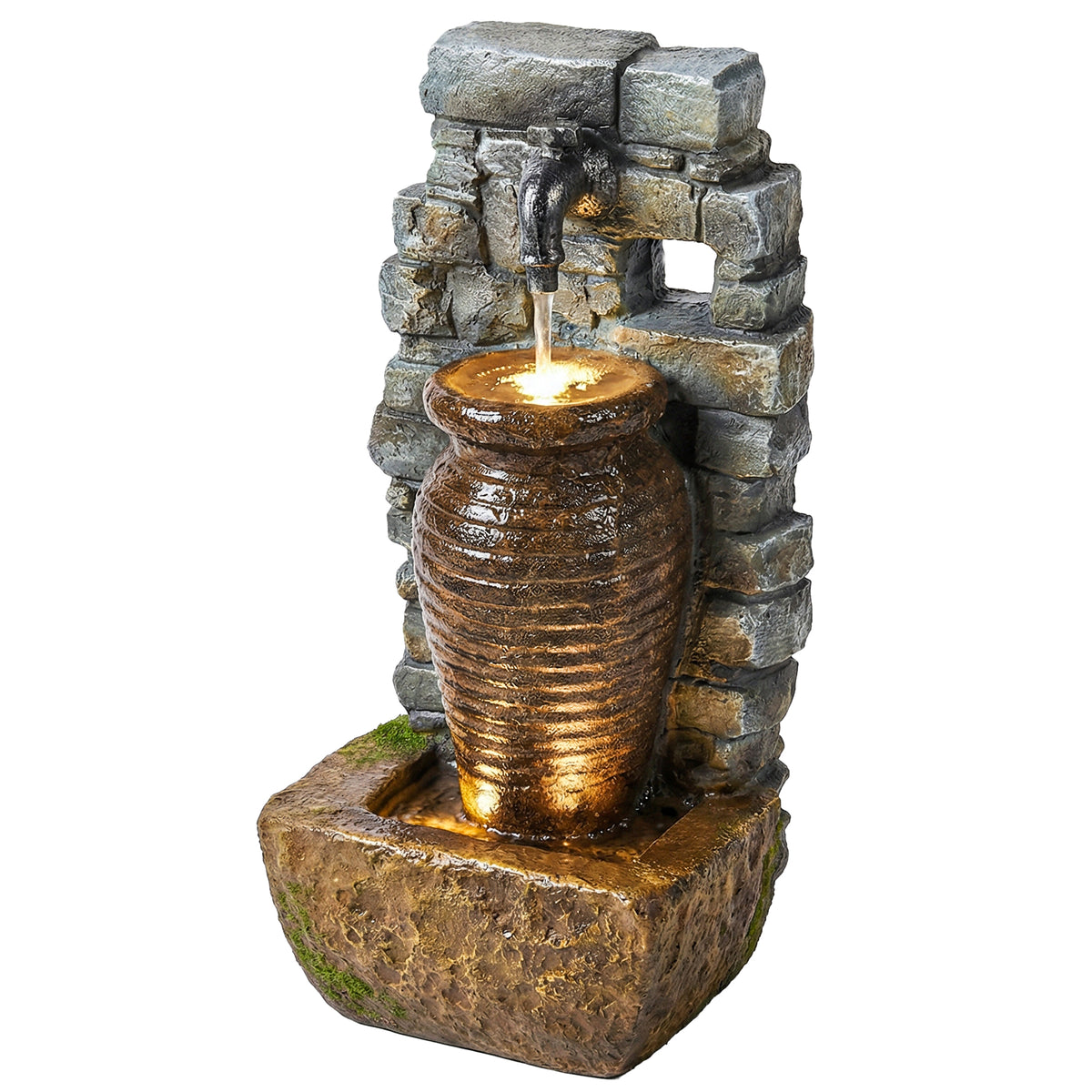Gartenbrunnen mit einstellbarem Wasserfluss und 3-stufiger rustikaler Steinwand im Krugdesign