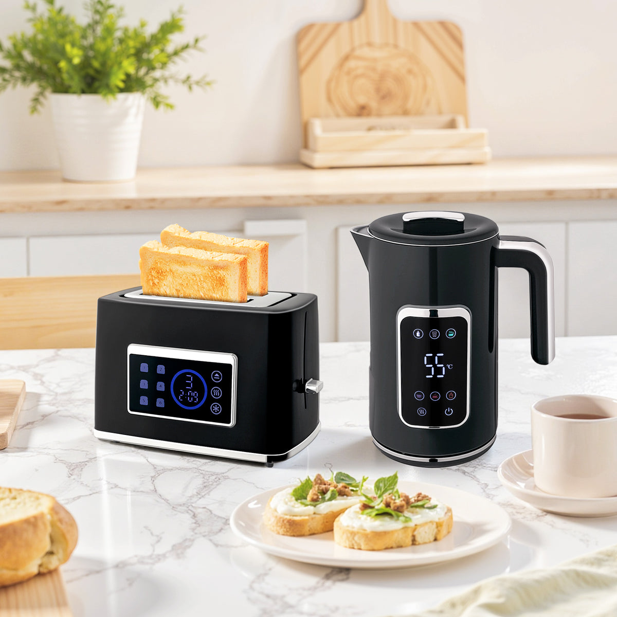 Wasserkocher und Toaster-Set mit LED-Touchscreen, 1,7 L, 2 Toasterschlitze, verschiedene Modi und Funktionen, Schwarz