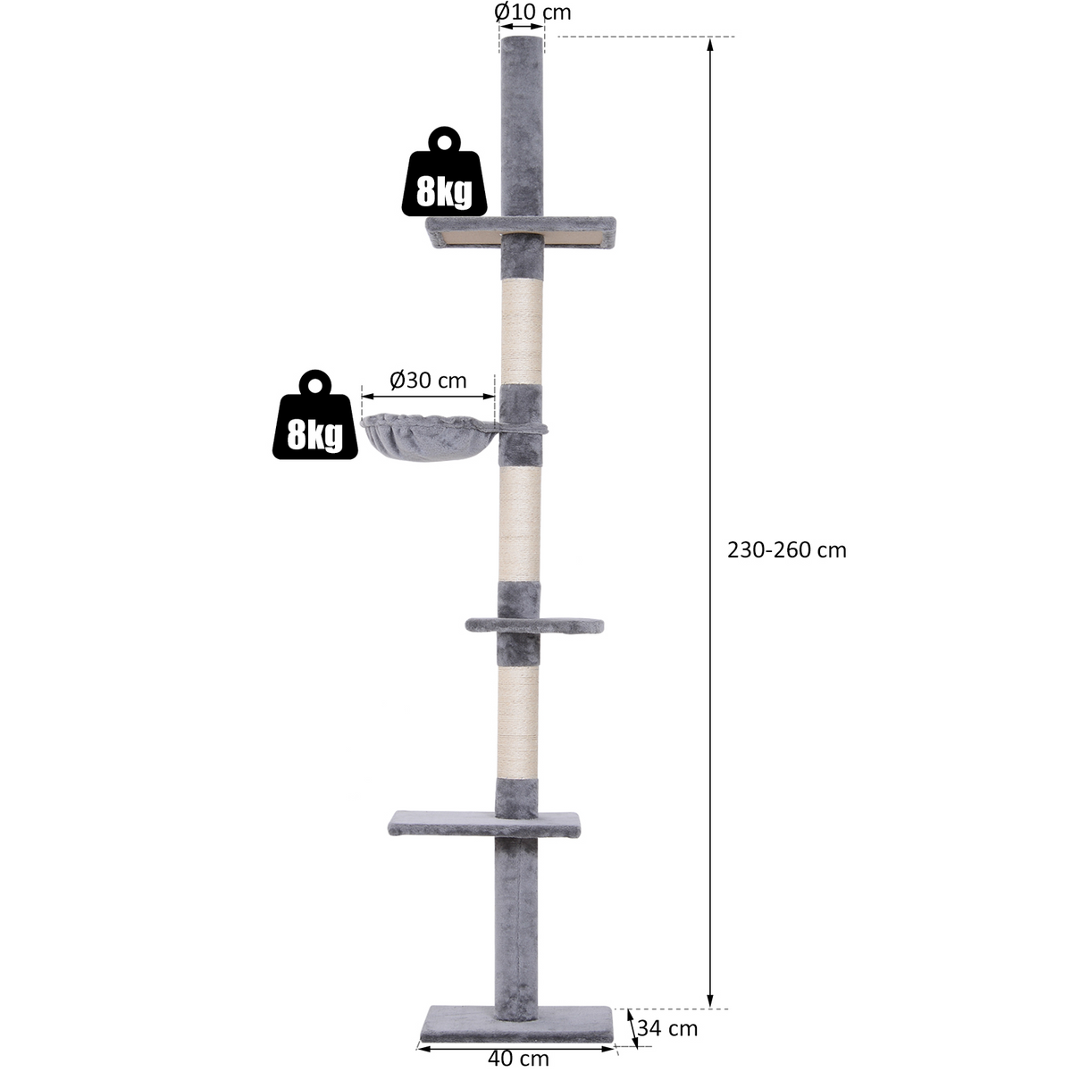 Floor to Ceiling Cat Tree 230-260cm Height Adjustable, 5-Tier Cat Tower with Scratching Posts, Hammock, Perches, Climbing Activity Centre for Indoor Kittens Playing and Relaxing, Grey