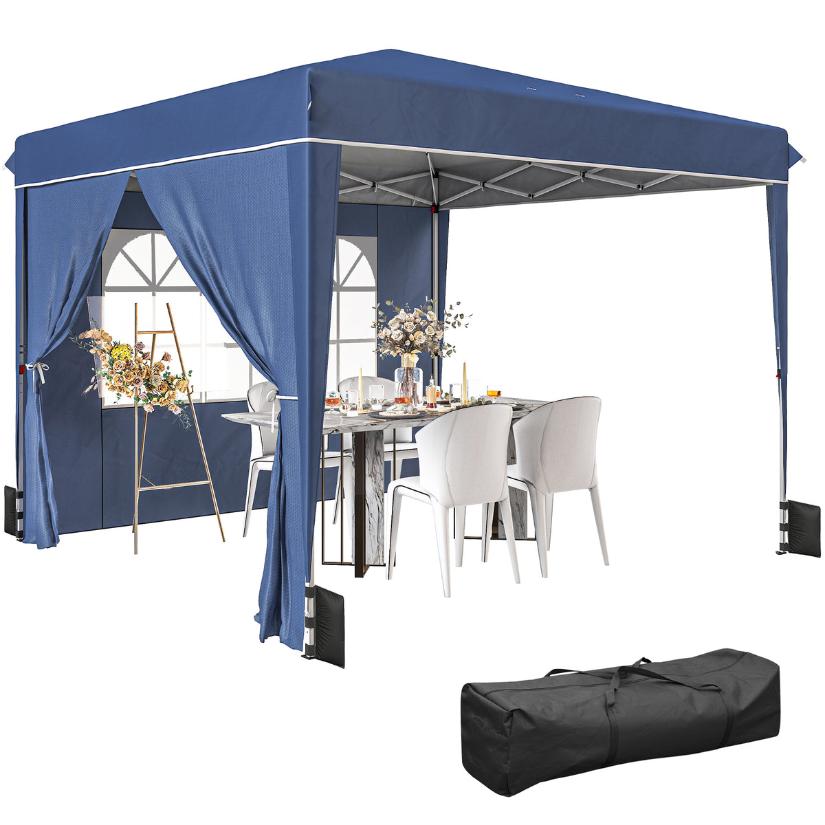 Pavillon 3 x3 m Wasserdicht höhenverstellbar Pop-up Faltpavillon mit 2 Seitenteilen, UV 50+ Faltbar Dunkelblau