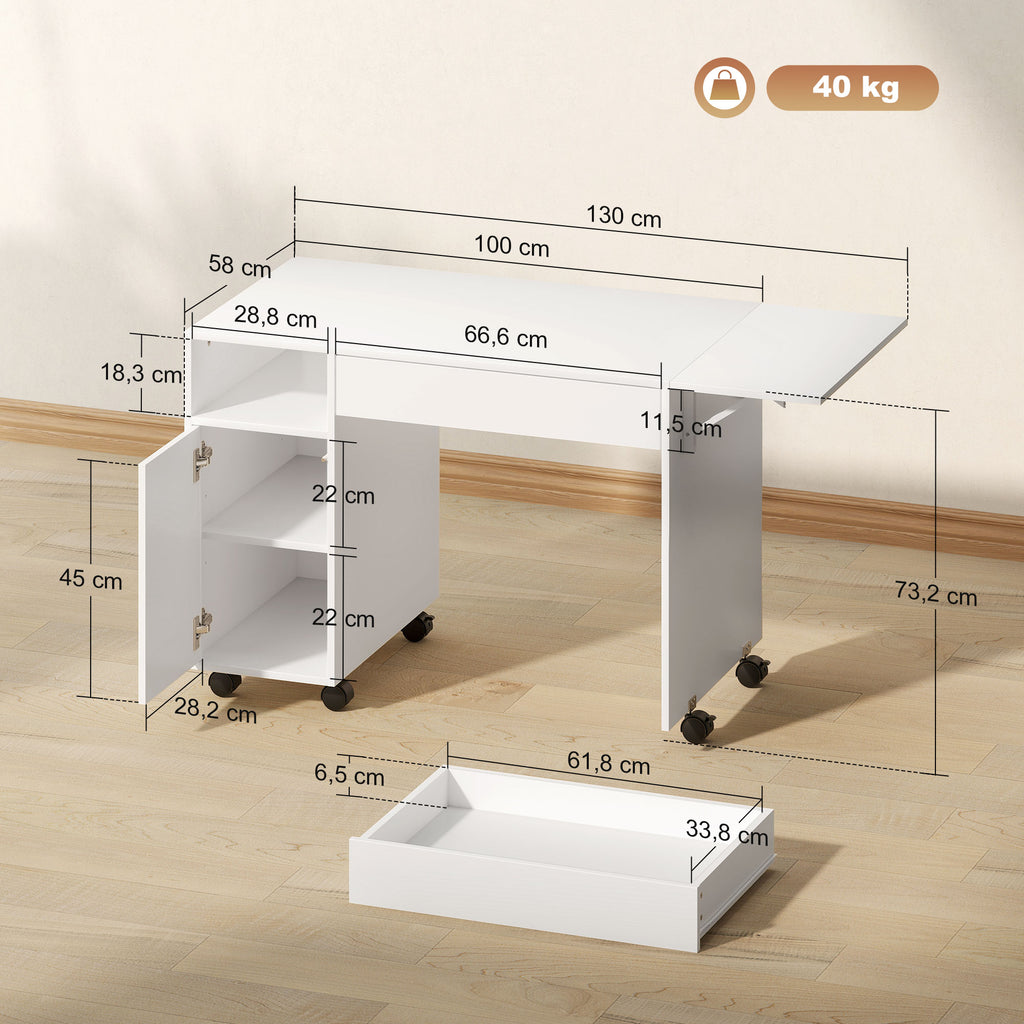 Rollbarer Computertisch, klappbarer Schreibtisch mit Schrank und Schublade, Spanplatte, Wei?
