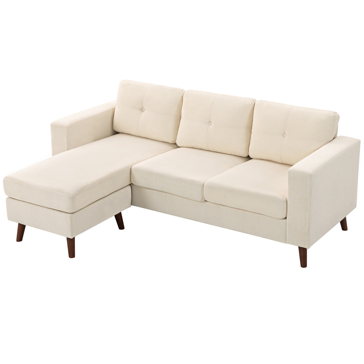 Ecksofa 192 cm L-Form 3-Sitzer Sofa mit umkehrbarer Chaiselongue, Cord-Optik, für kleinen Raum, Cremeweiß