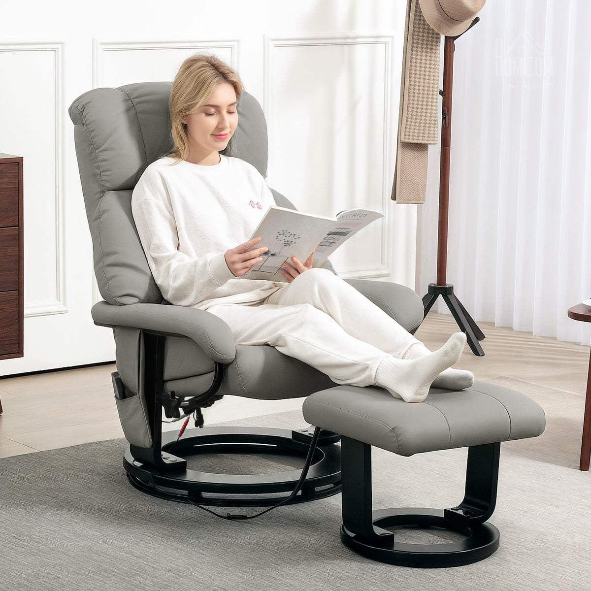 Relaxsessel Massagefunktion Fernsehsessel mit Seitentasche, Kunstleder, Grau