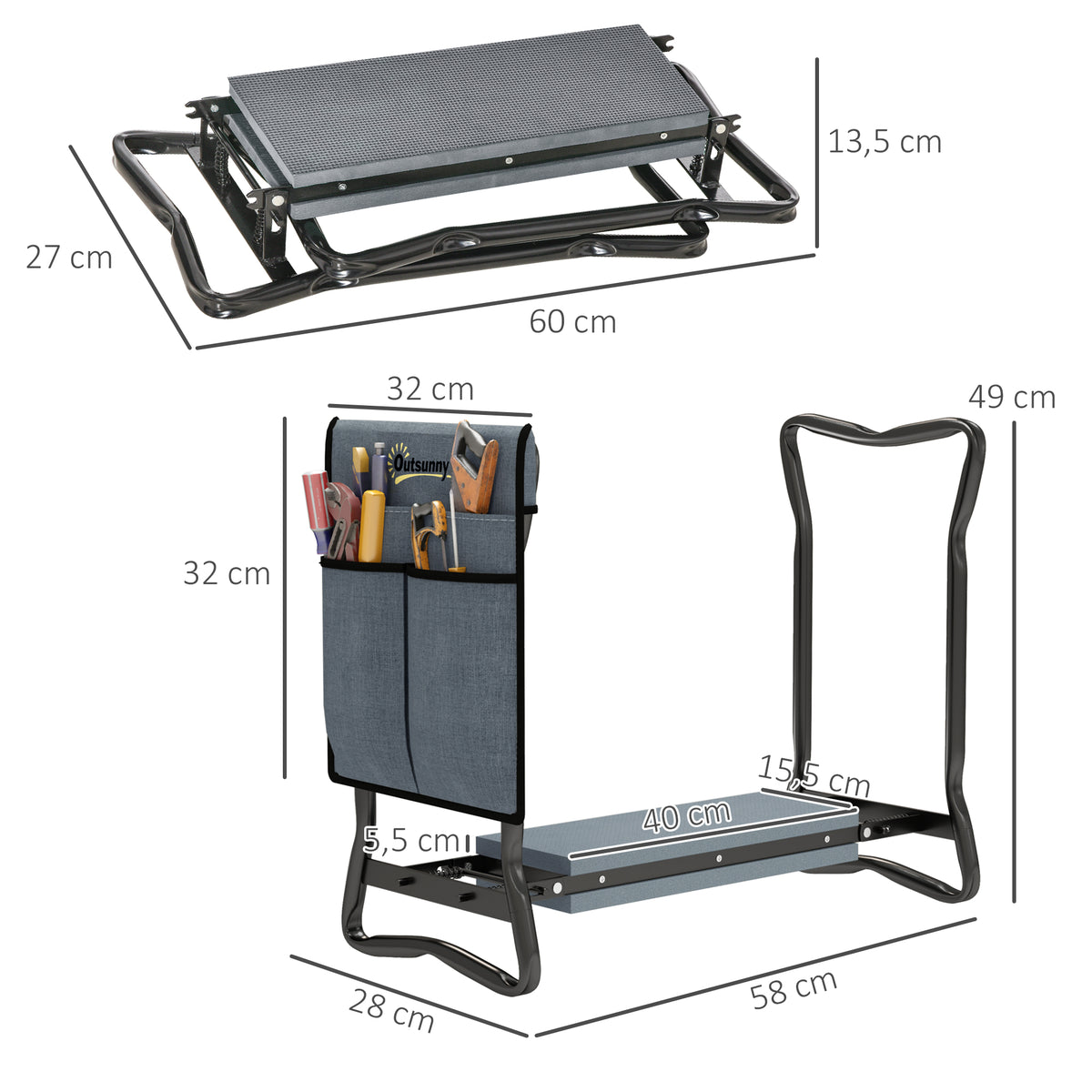 Steel Frame Padded Garden Kneeler, with Tool Bag - Grey