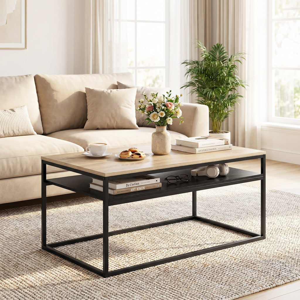 Couchtisch mit Ablage, moderner Industriestil, Wohnzimmertisch für Wohnzimmer, Schlafzimmer, 100 x 59,8 x 47 cm, Eiche