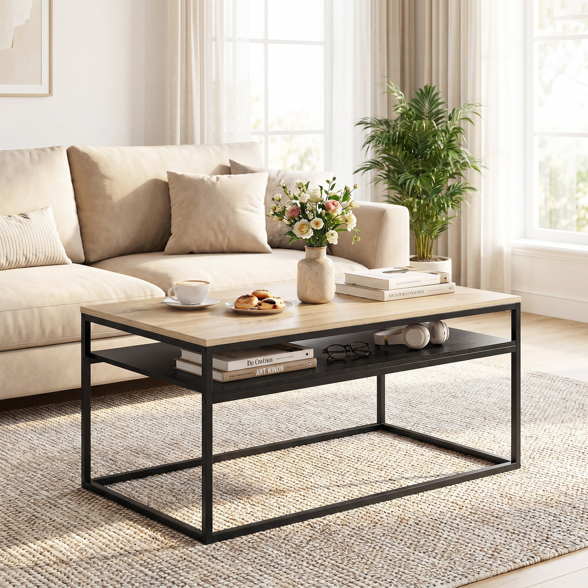 Couchtisch mit Ablage, moderner Industriestil, Wohnzimmertisch für Wohnzimmer, Schlafzimmer, 100 x 59,8 x 47 cm, Eiche