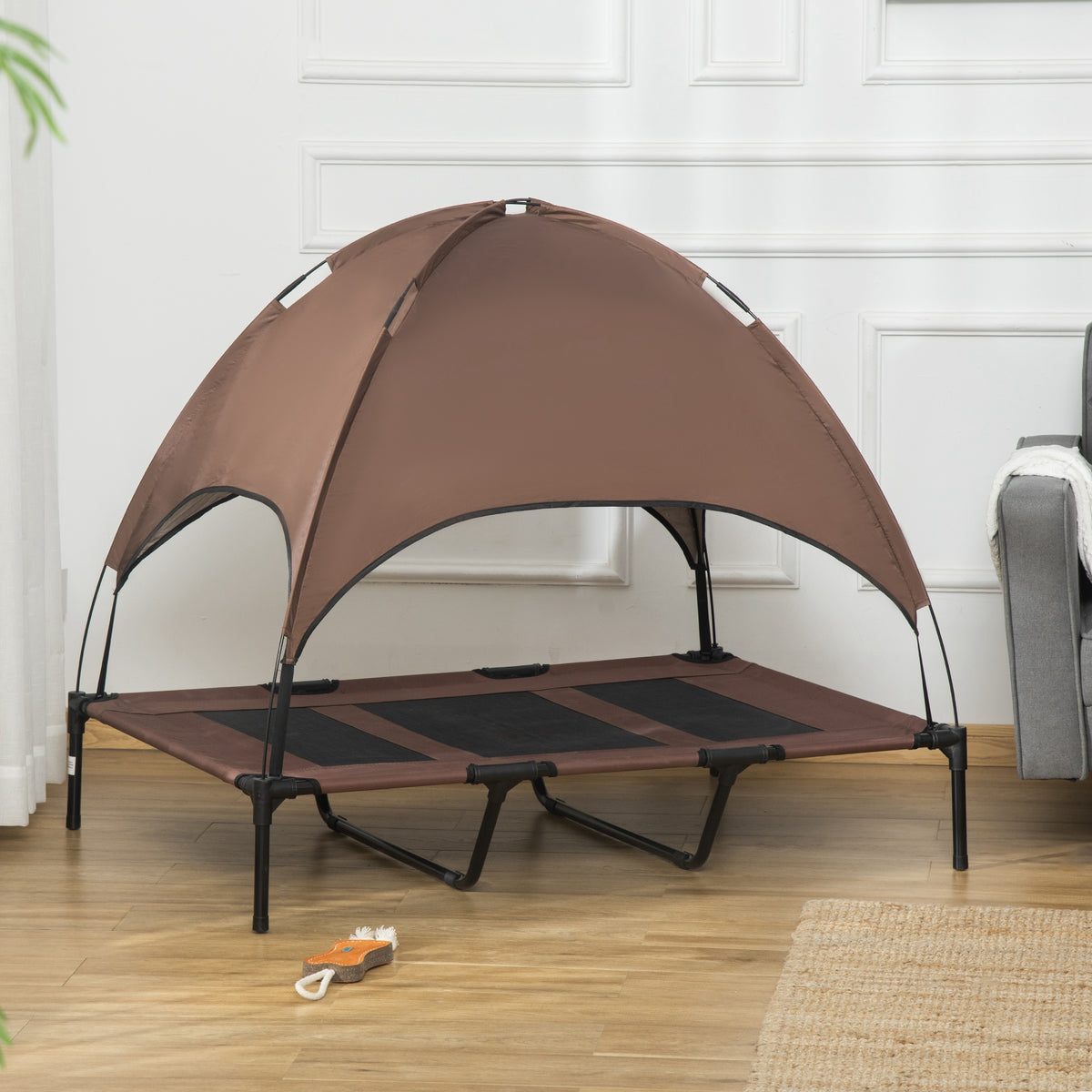 Erhöhtes Hundebett mit Baldachin, Haustierbett, Hundeliege outdoor mit Dach, Atmungsaktiv, Taftstoff für Camping Kaffee 122 x 92 x 108 cm