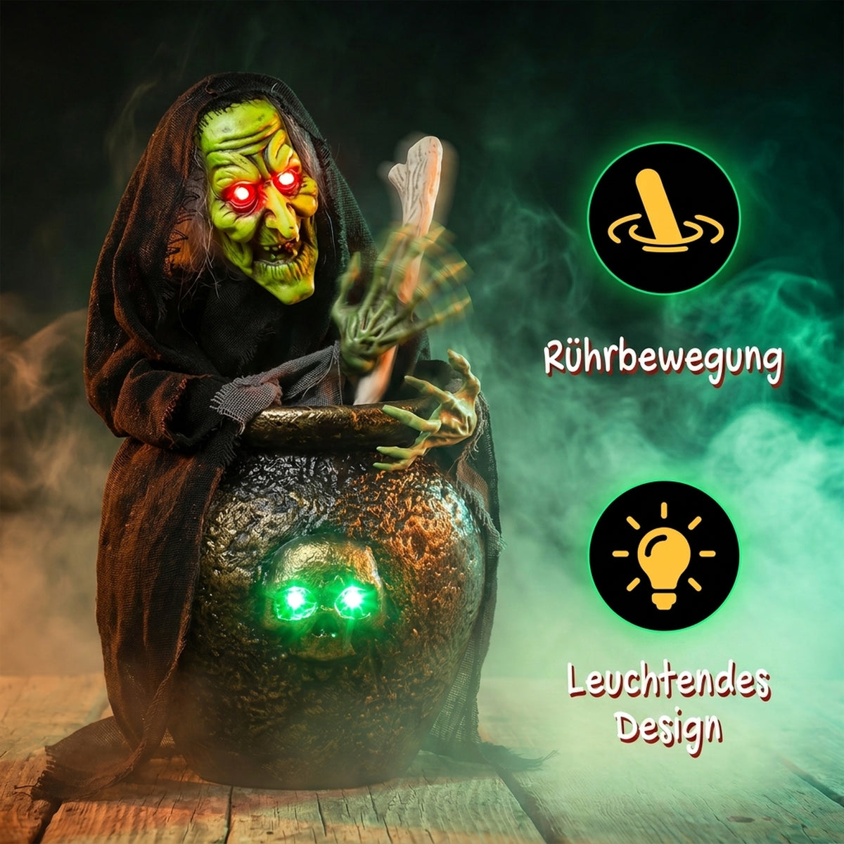 Animierte Halloween-Tischhexe mit Lachsound, leuchtenden Augen und Sound-/Touch-Aktivierung