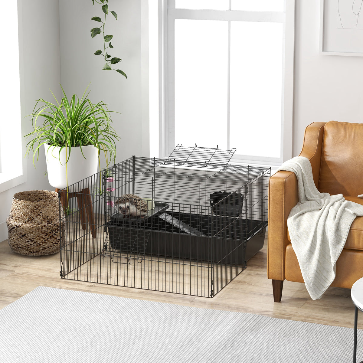 Kleintierkäfig mit abnehmbaren Gehege, Laufgitter mit Stall, inkl. Zubehör, Schwarz