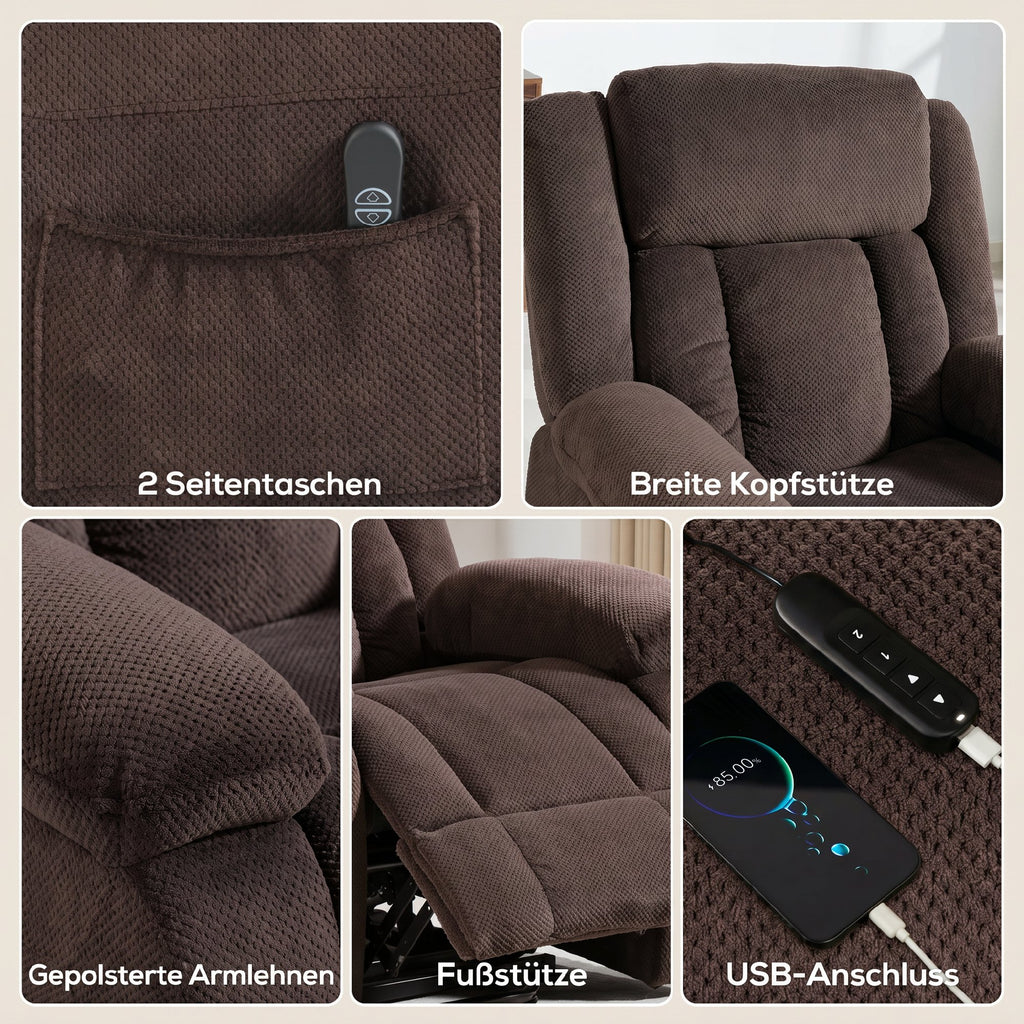 Aufstehsessel mit weichem Bezug, Recliner-Sessel mit Fernbedienung und Seitentaschen, Braun