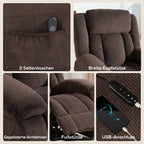 Aufstehsessel mit weichem Bezug, Recliner-Sessel mit Fernbedienung und Seitentaschen, Braun