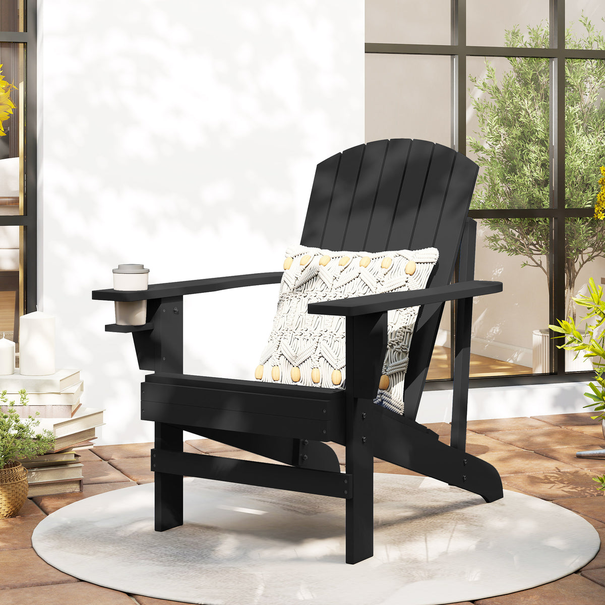 Adirondack-Gartenstuhl mit Becherhalter Gartenliege Balkonstuhl Massivholz Schwarz 72 x 95 x 93 cm